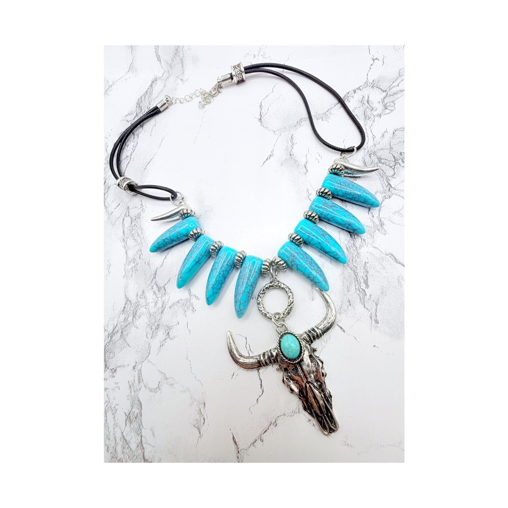 Turquoise Glass Longhorn Skull Pendant Necklace Black Cord Western 14–17"